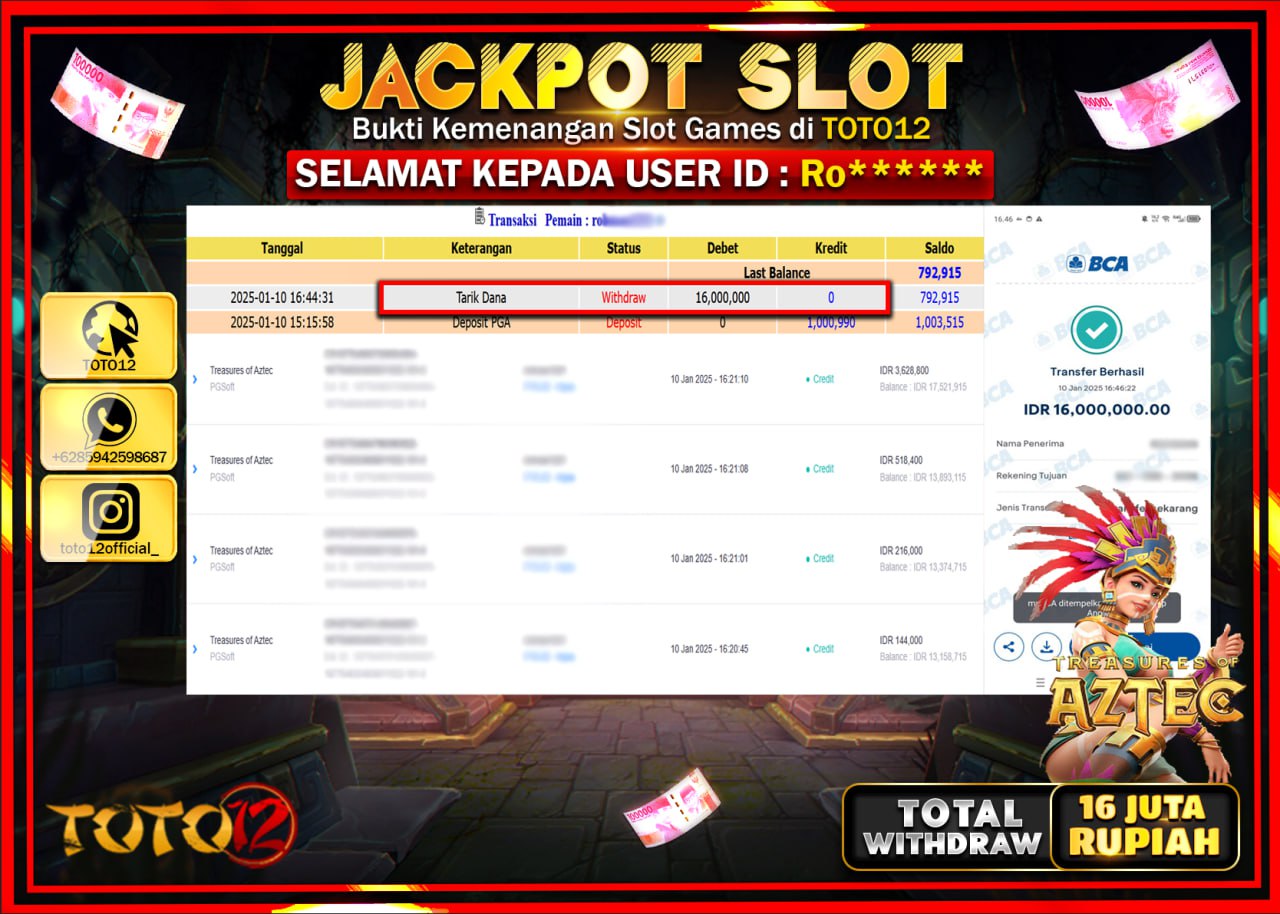 HANYA DI TOTO12 JP PASTI DI BAYAR LUNAS DAN CEPAT!!!!!! JACKPOT SLOT GAME (TREASURES OF OZTEC) Rp.16.000.000 !!!!
