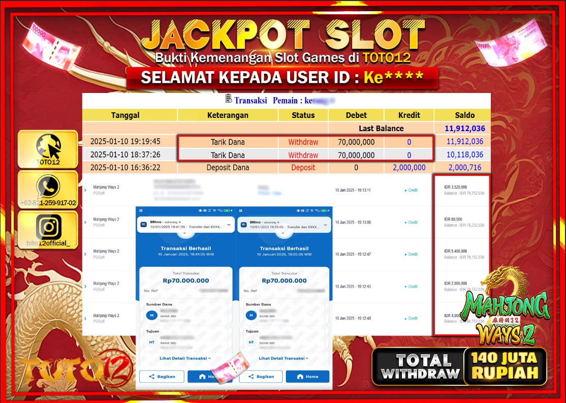 HANYA DI TOTO12 JP PASTI DI BAYAR LUNAS DAN CEPAT!!!!!! JACKPOT SLOT GAME (MAHJONG WAYS 2) Rp.140.000.000 !!!!