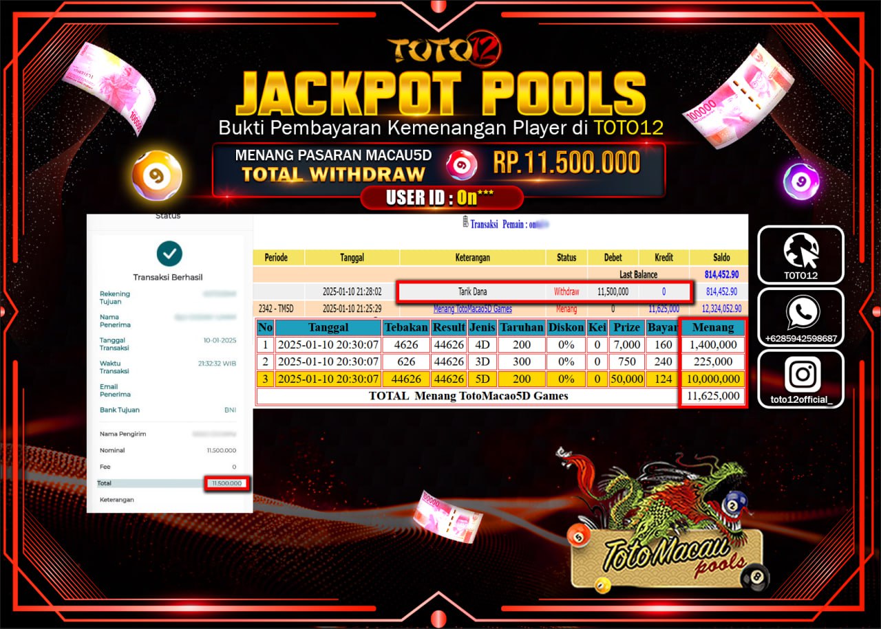 HANYA DI TOTO12 JP PASTI DI BAYAR LUNAS DAN CEPAT!!!!!! JACKPOT POOLS PASARAN (TOTO MACAU) Rp.11.500.000 !!!!