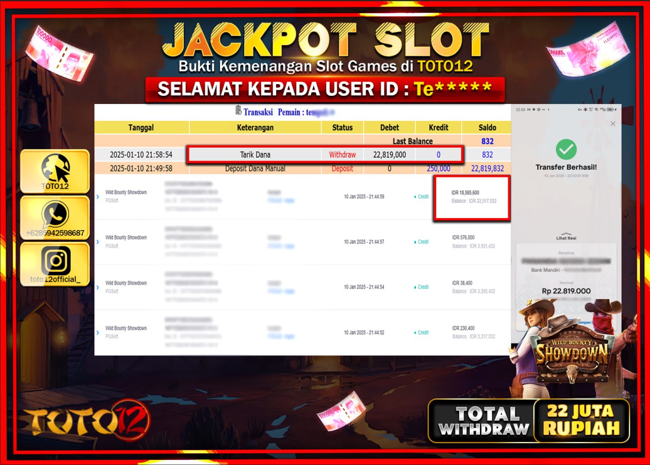 HANYA DI TOTO12 JP PASTI DI BAYAR LUNAS DAN CEPAT!!!!!! JACKPOT SLOT GAME (WILD BOUNTY SHOWDOWN) Rp.22.000.000 !!!!