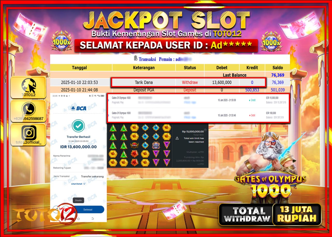 HANYA DI TOTO12 JP PASTI DI BAYAR LUNAS DAN CEPAT!!!!!! JACKPOT SLOT GAME (GATES OF OLYMPUS 1000) Rp.13.000.000 !!!!