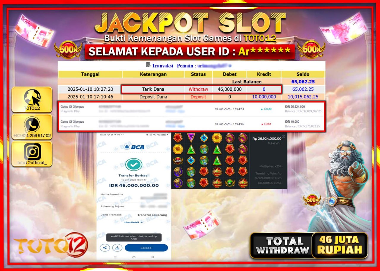HANYA DI TOTO12 JP PASTI DI BAYAR LUNAS DAN CEPAT!!!!!! JACKPOT SLOT GAME (GATES OF OLYMPUS) Rp.46.000.000 !!!!