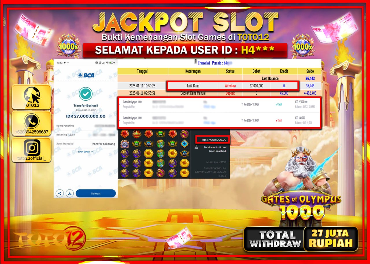 HANYA DI TOTO12 JP PASTI DI BAYAR LUNAS DAN CEPAT!!!!!! JACKPOT SLOT GAME (GATES OF OLYMPUS 1000) Rp.27.000.000 !!!!