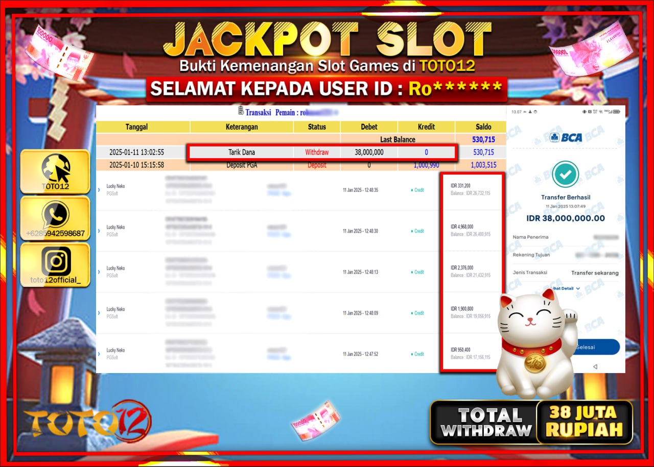 HANYA DI TOTO12 JP PASTI DI BAYAR LUNAS DAN CEPAT!!!!!! JACKPOT SLOT GAME (LUCKY NEKO) Rp.38.000.000 !!!!