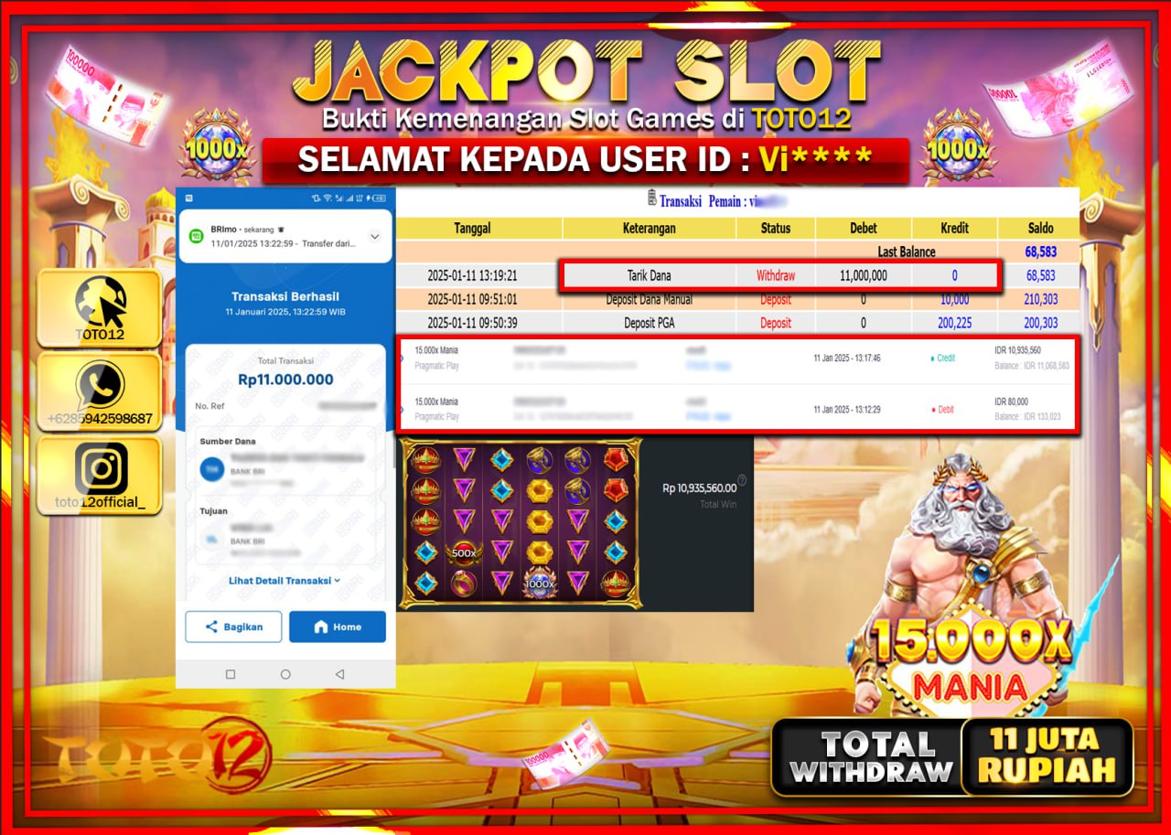 HANYA DI TOTO12 JP PASTI DI BAYAR LUNAS DAN CEPAT!!!!!! JACKPOT SLOT GAME (15.000X MANIA) Rp.11.000.000 !!!!