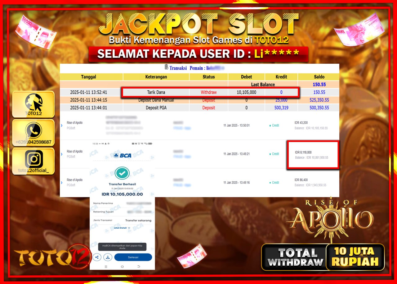 HANYA DI TOTO12 JP PASTI DI BAYAR LUNAS DAN CEPAT!!!!!! JACKPOT SLOT GAME (RISE OF APOLLO) Rp.10.000.000 !!!!