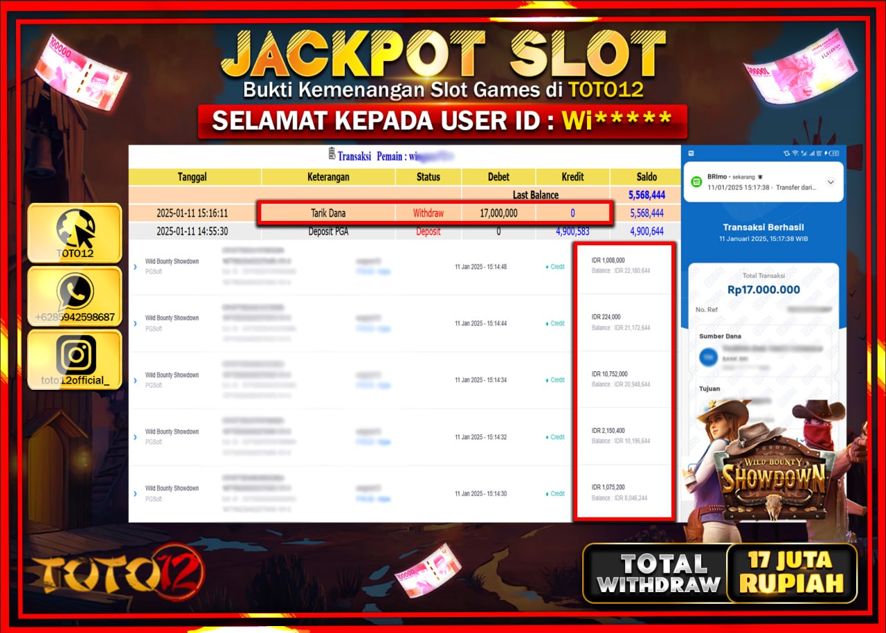 HANYA DI TOTO12 JP PASTI DI BAYAR LUNAS DAN CEPAT!!!!!! JACKPOT SLOT GAME (WILD BOUNTY SHOWDOWN) Rp.17.000.000 !!!!
