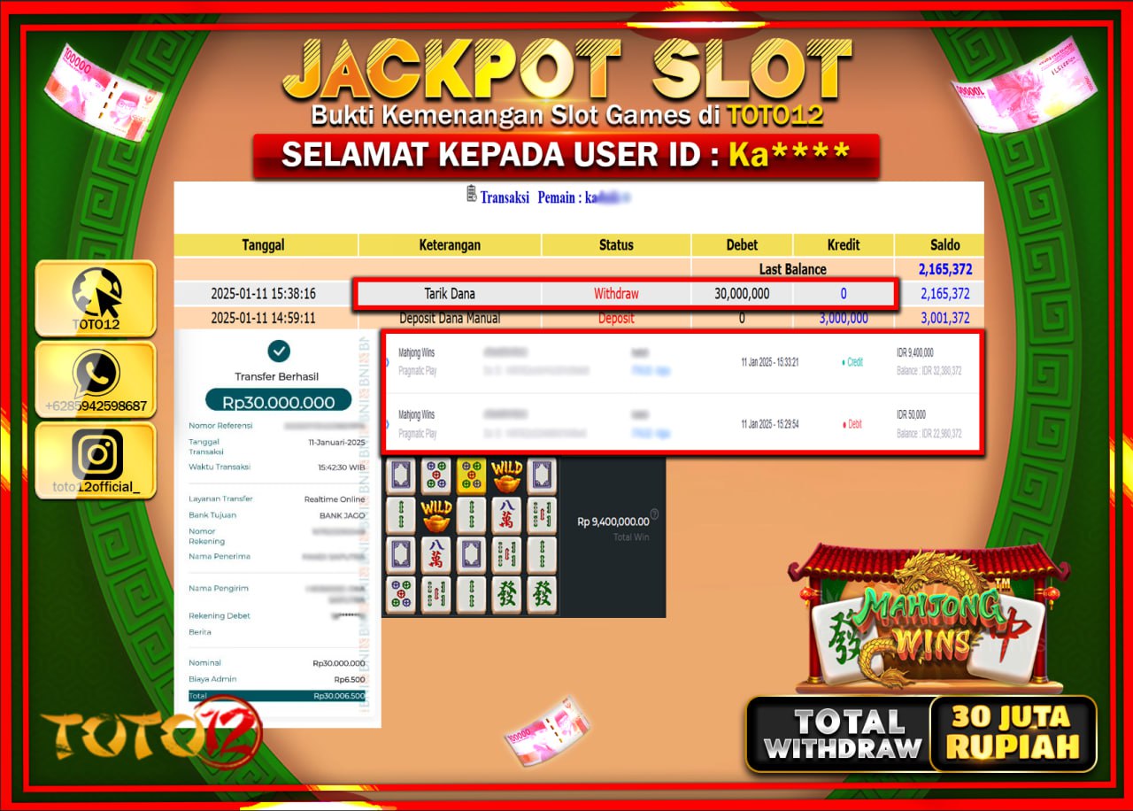 HANYA DI TOTO12 JP PASTI DI BAYAR LUNAS DAN CEPAT!!!!!! JACKPOT SLOT GAME (MAHJONG WINS) Rp.30.000.000 !!!!