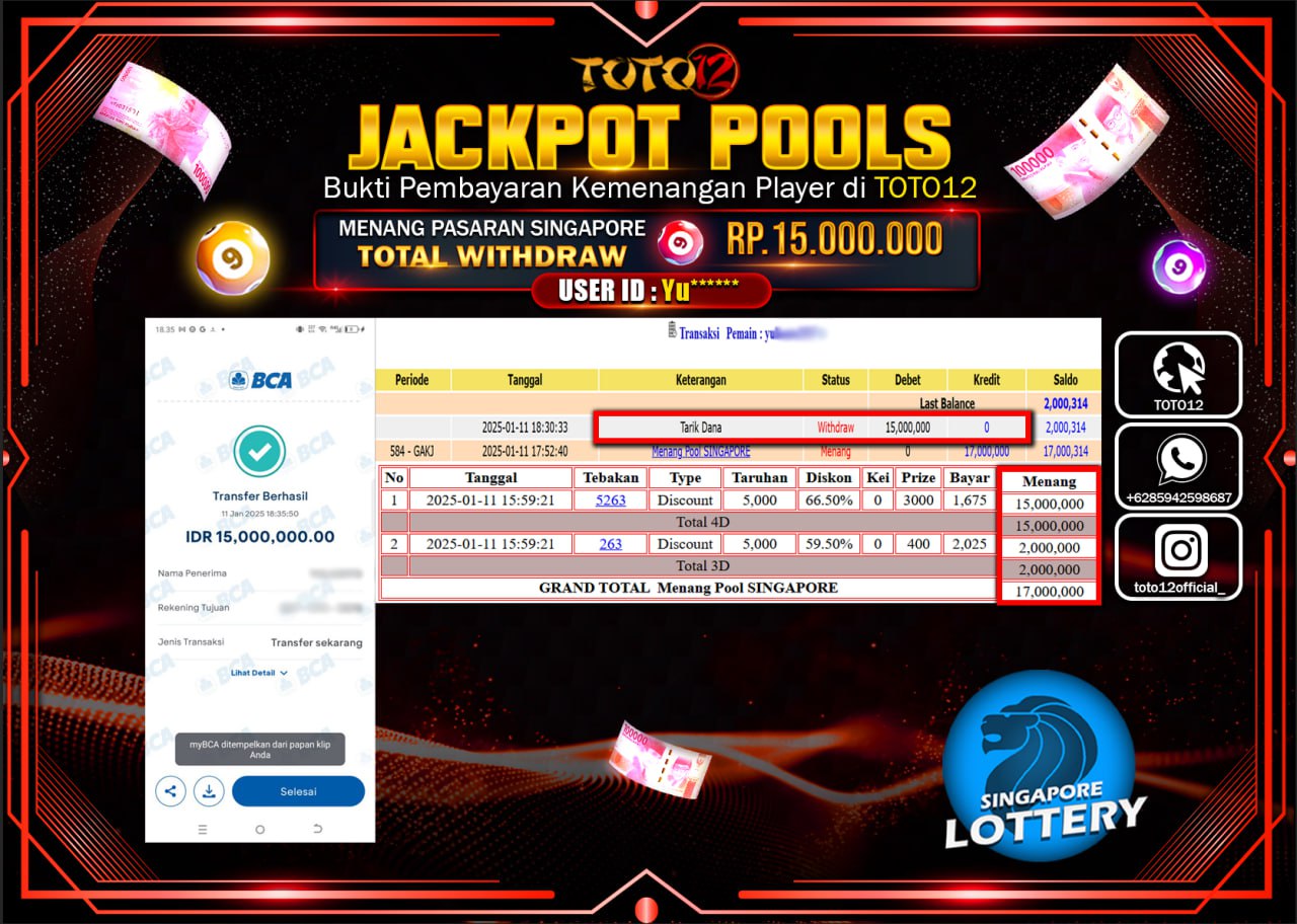 HANYA DI TOTO12 JP PASTI DI BAYAR LUNAS DAN CEPAT!!!!!! JACKPOT POOLS PASARAN (SINGAPORE) Rp.15.000.000 !!!!