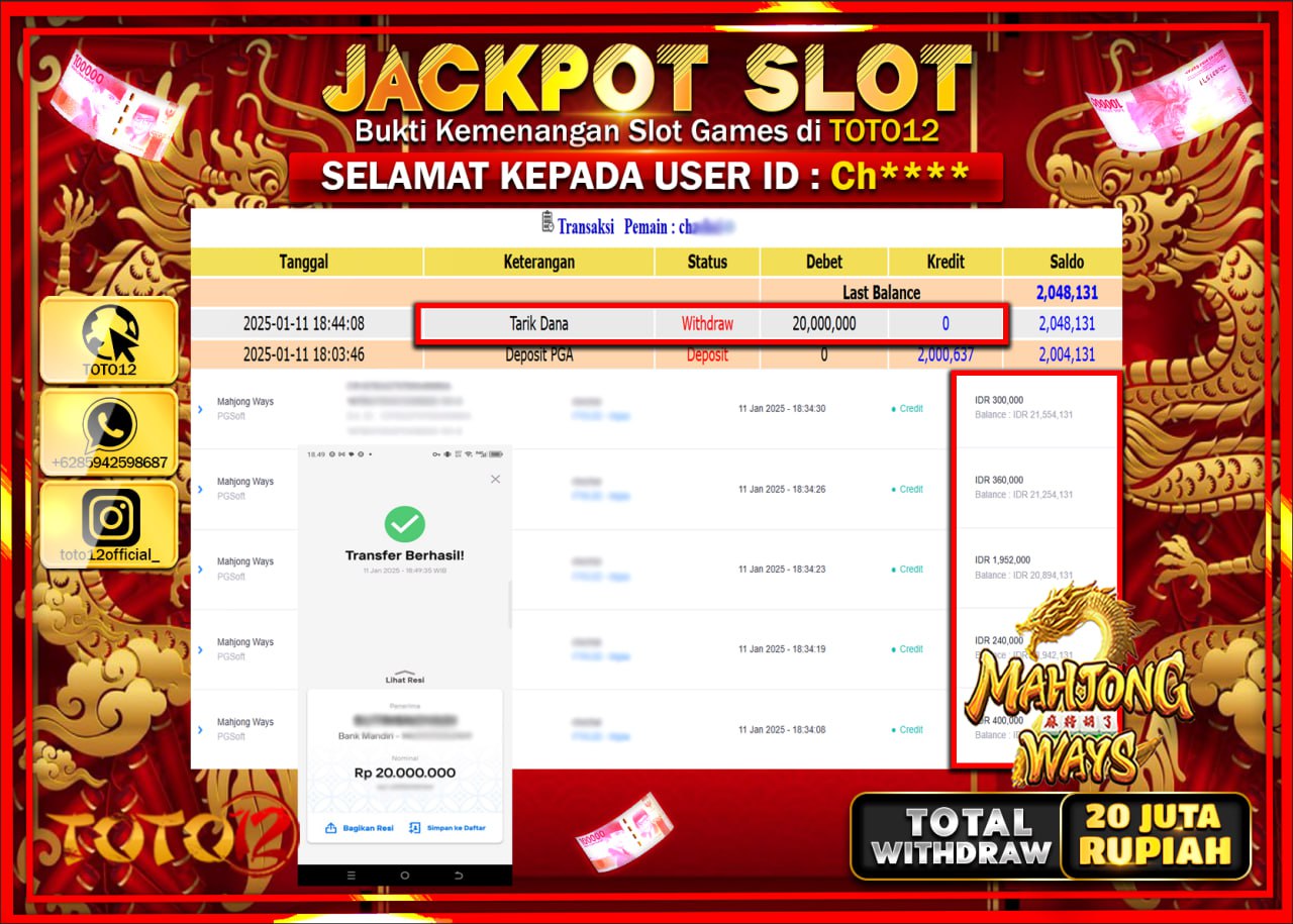 HANYA DI TOTO12 JP PASTI DI BAYAR LUNAS DAN CEPAT!!!!!! JACKPOT SLOT GAME (MAHJONG WAYS) Rp.20.000.000 !!!!