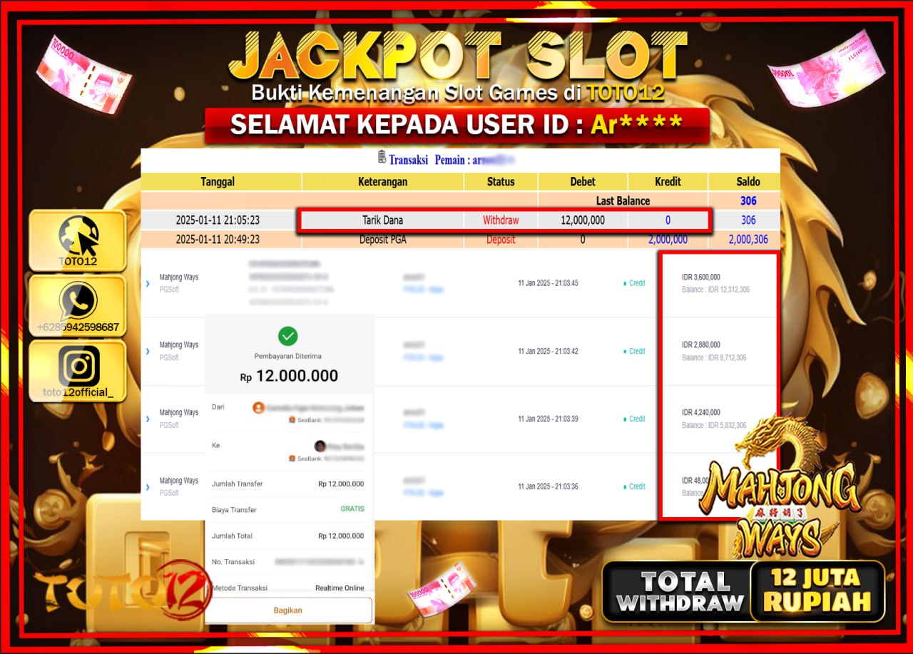HANYA DI TOTO12 JP PASTI DI BAYAR LUNAS DAN CEPAT!!!!!! JACKPOT SLOT GAME (MAHJONG WAYS) Rp.12.000.000 !!!!