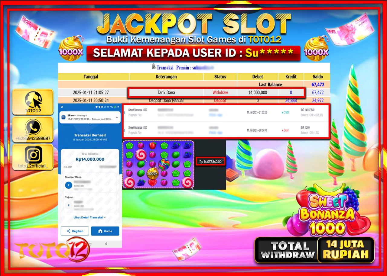 HANYA DI TOTO12 JP PASTI DI BAYAR LUNAS DAN CEPAT!!!!!! JACKPOT SLOT GAME (SWEET BONANZA 1000) Rp.14.000.000 !!!!
