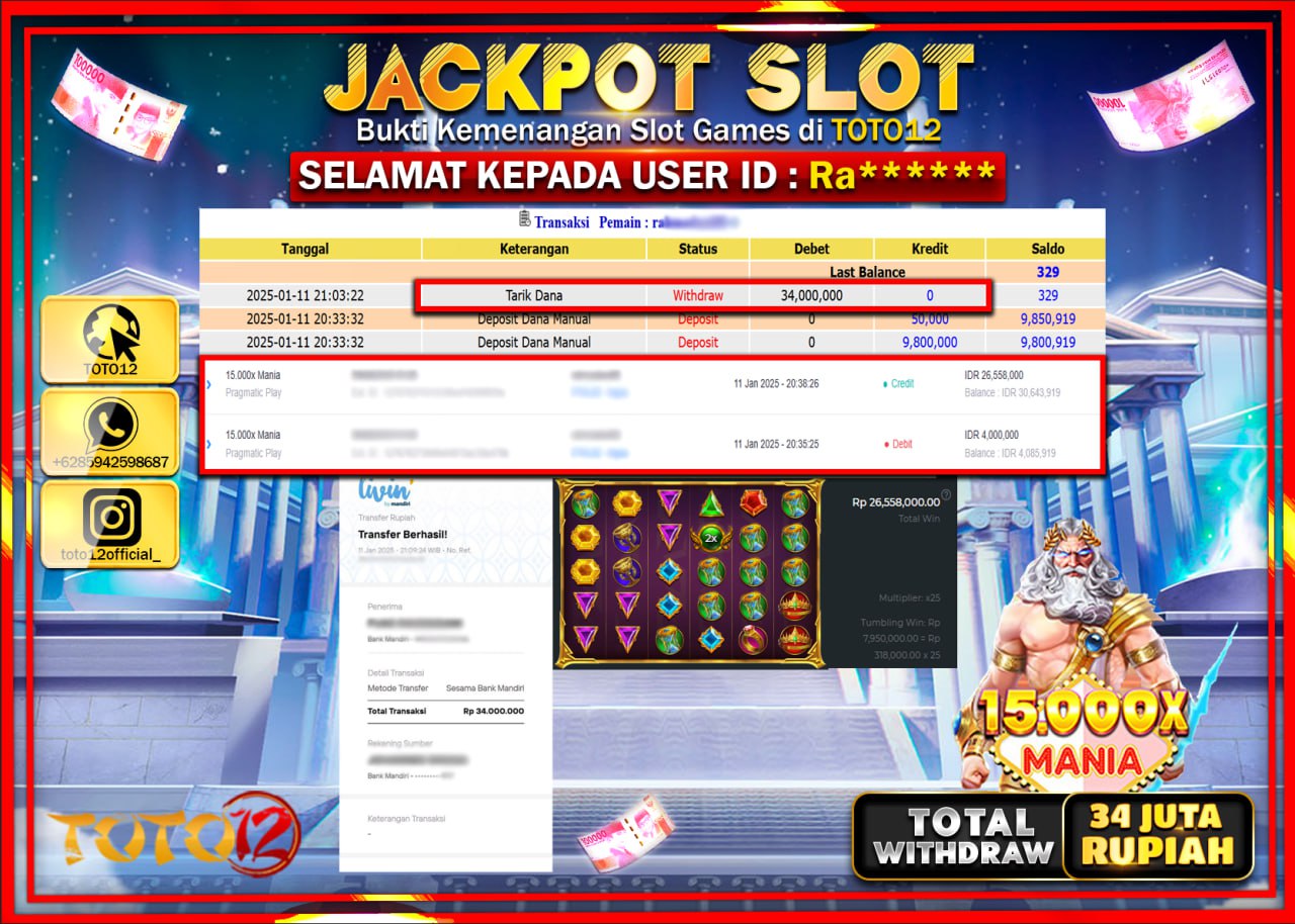 HANYA DI TOTO12 JP PASTI DI BAYAR LUNAS DAN CEPAT!!!!!! JACKPOT SLOT GAME (15.000X MANIA) Rp.34.000.000 !!!!