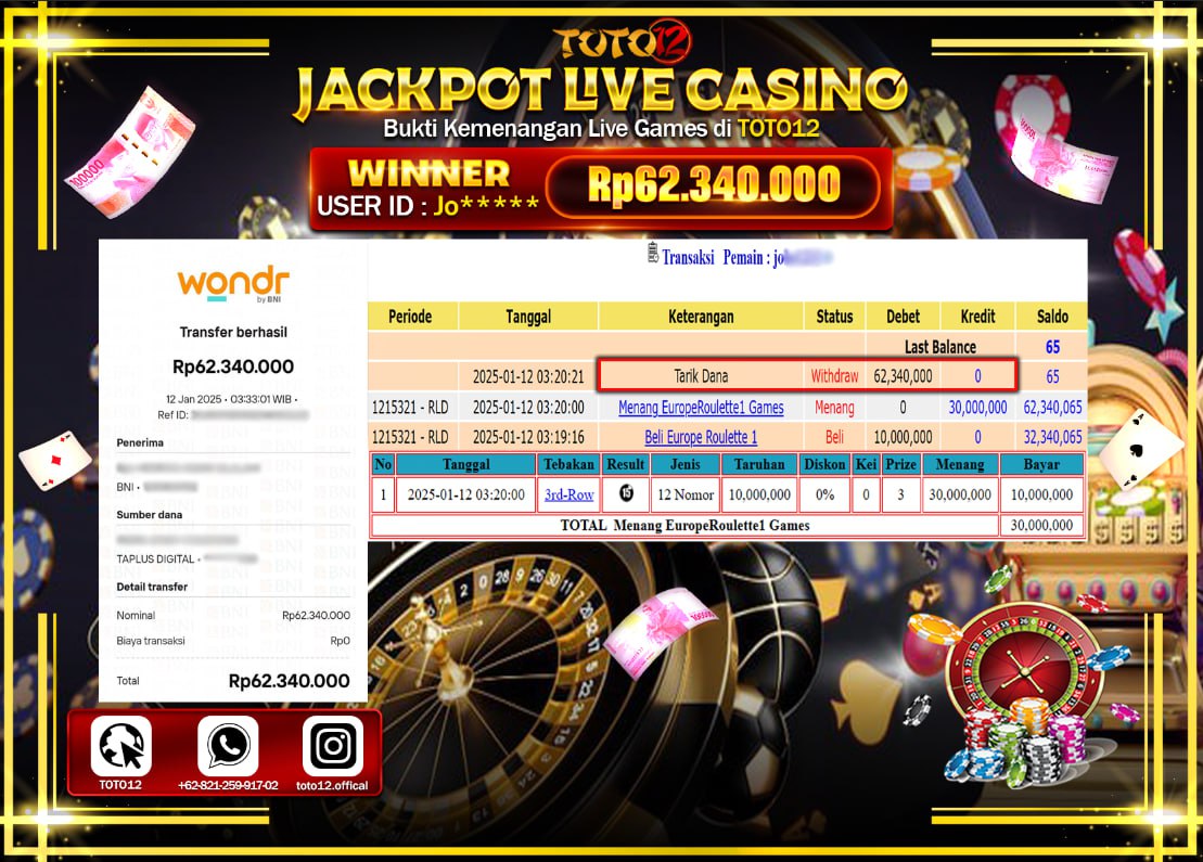 HANYA DI TOTO12 JP PASTI DI BAYAR LUNAS DAN CEPAT!!!!!! JACKPOT LIVE GAMES CASINO (EUROPE ROULETTE 1) Rp.62.340.000 !!!!