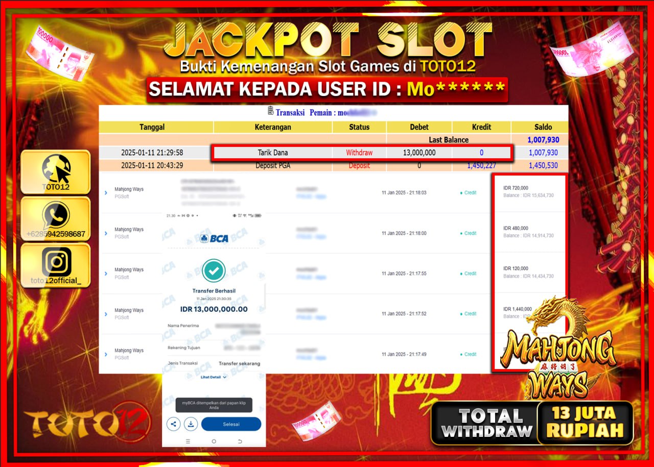 HANYA DI TOTO12 JP PASTI DI BAYAR LUNAS DAN CEPAT!!!!!! JACKPOT SLOT GAME (MAHJONG WAYS) Rp.13.000.000 !!!!