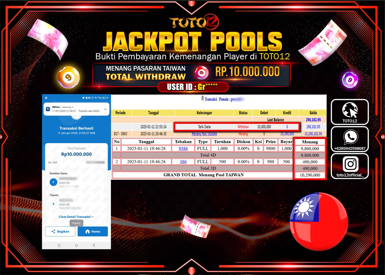 HANYA DI TOTO12 JP PASTI DI BAYAR LUNAS DAN CEPAT!!!!!! JACKPOT POOLS PASARAN (TAIWAN) Rp.10.000.000 !!!!