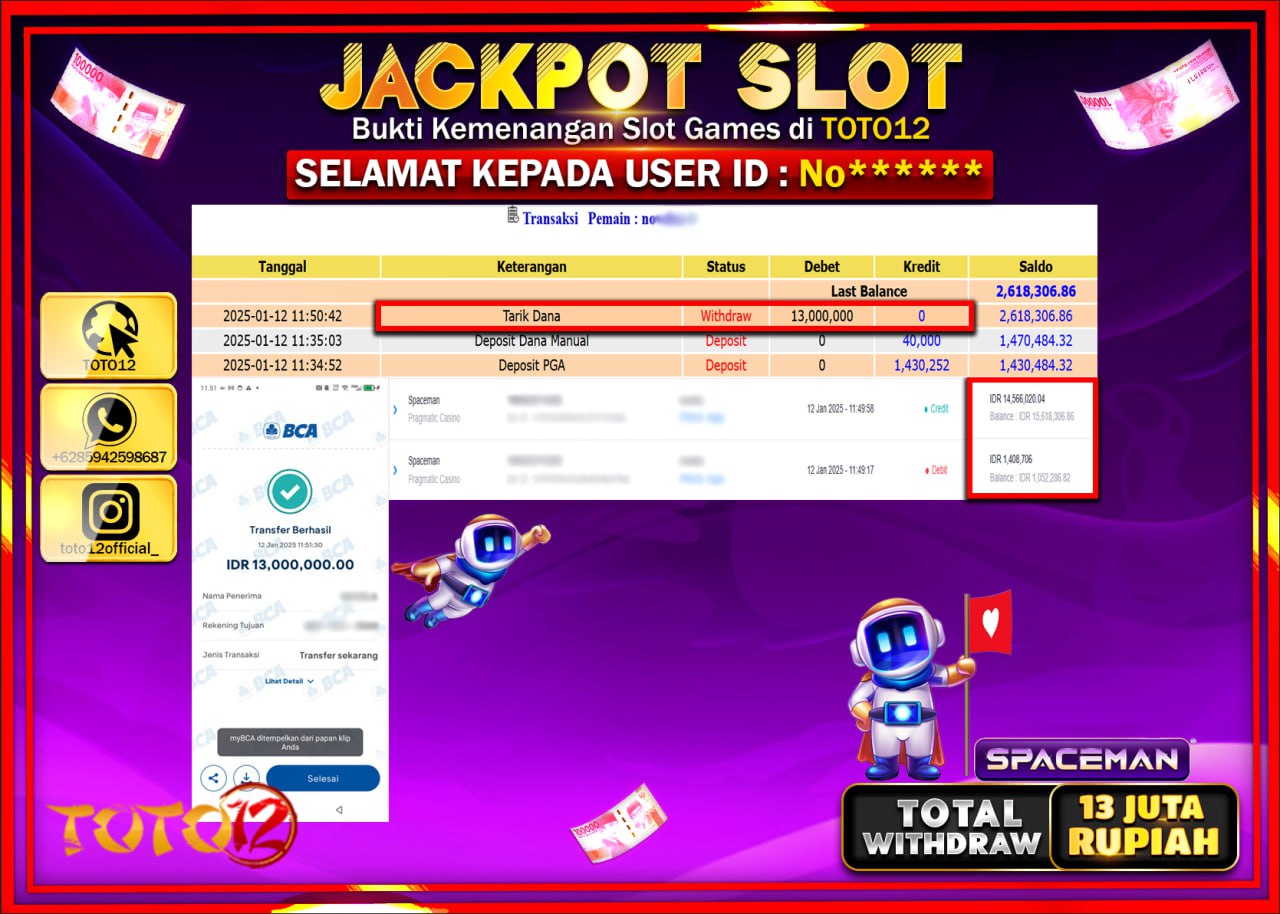 HANYA DI TOTO12 JP PASTI DI BAYAR LUNAS DAN CEPAT!!!!!! JACKPOT SLOT GAME (SPACEMAN) Rp.13.000.000 !!!!