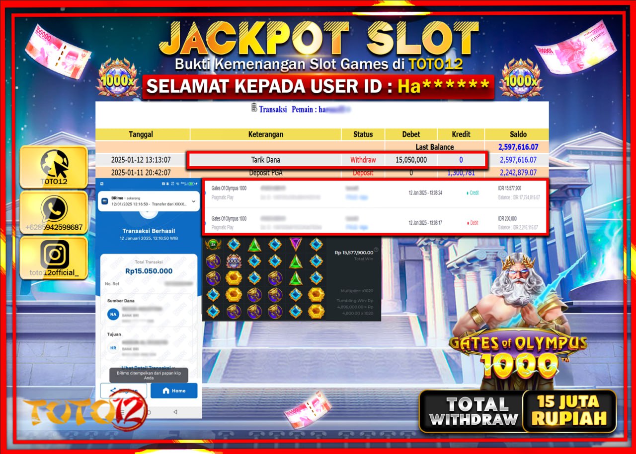 HANYA DI TOTO12 JP PASTI DI BAYAR LUNAS DAN CEPAT!!!!!! JACKPOT SLOT GAME (GATES OF OLYMPUS 1000) Rp.15.000.000 !!!!