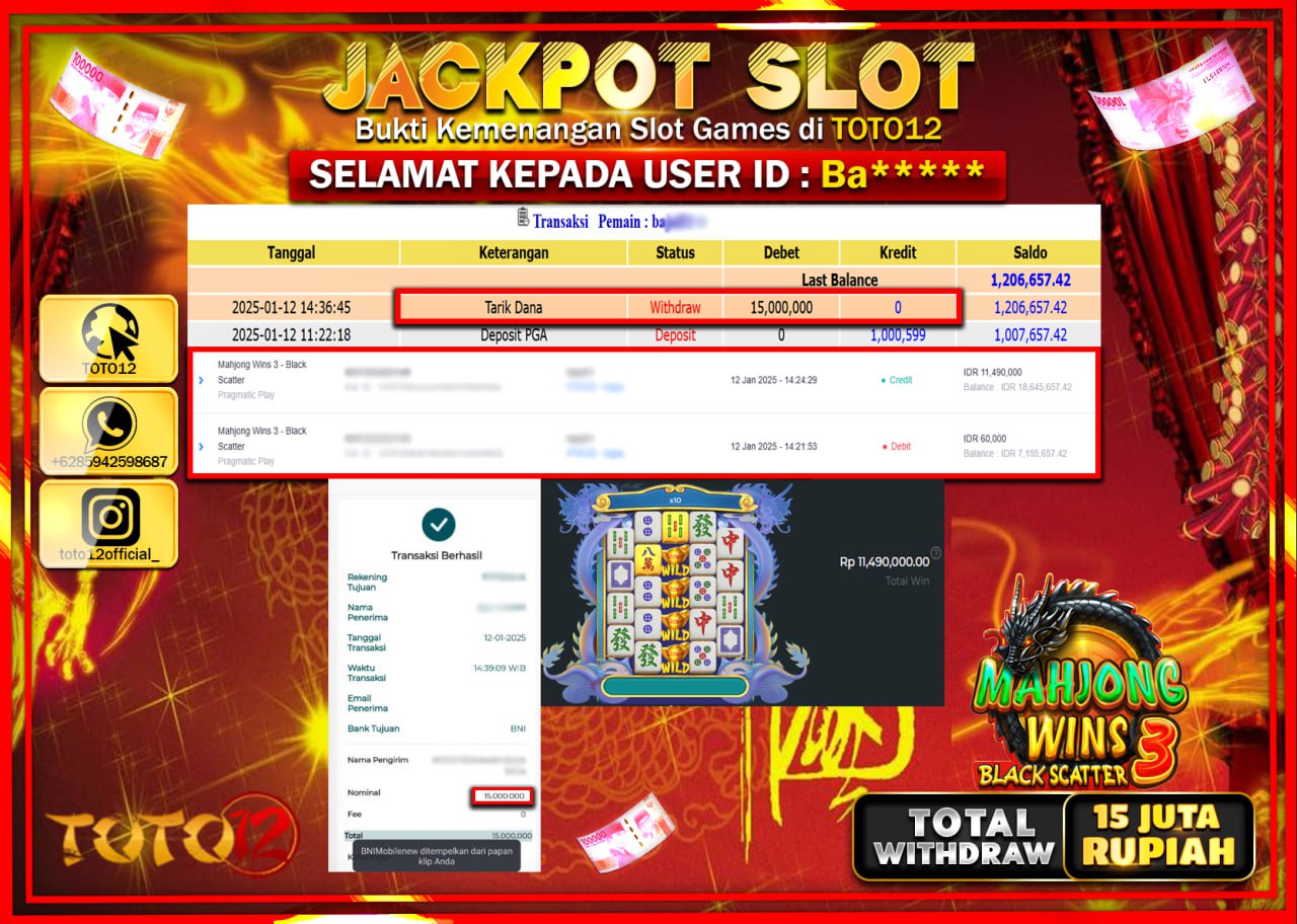 HANYA DI TOTO12 JP PASTI DI BAYAR LUNAS DAN CEPAT!!!!!! JACKPOT SLOT GAME (MAHJONG WINS 3 BLACK SCATTER) Rp.15.000.000 !!!!