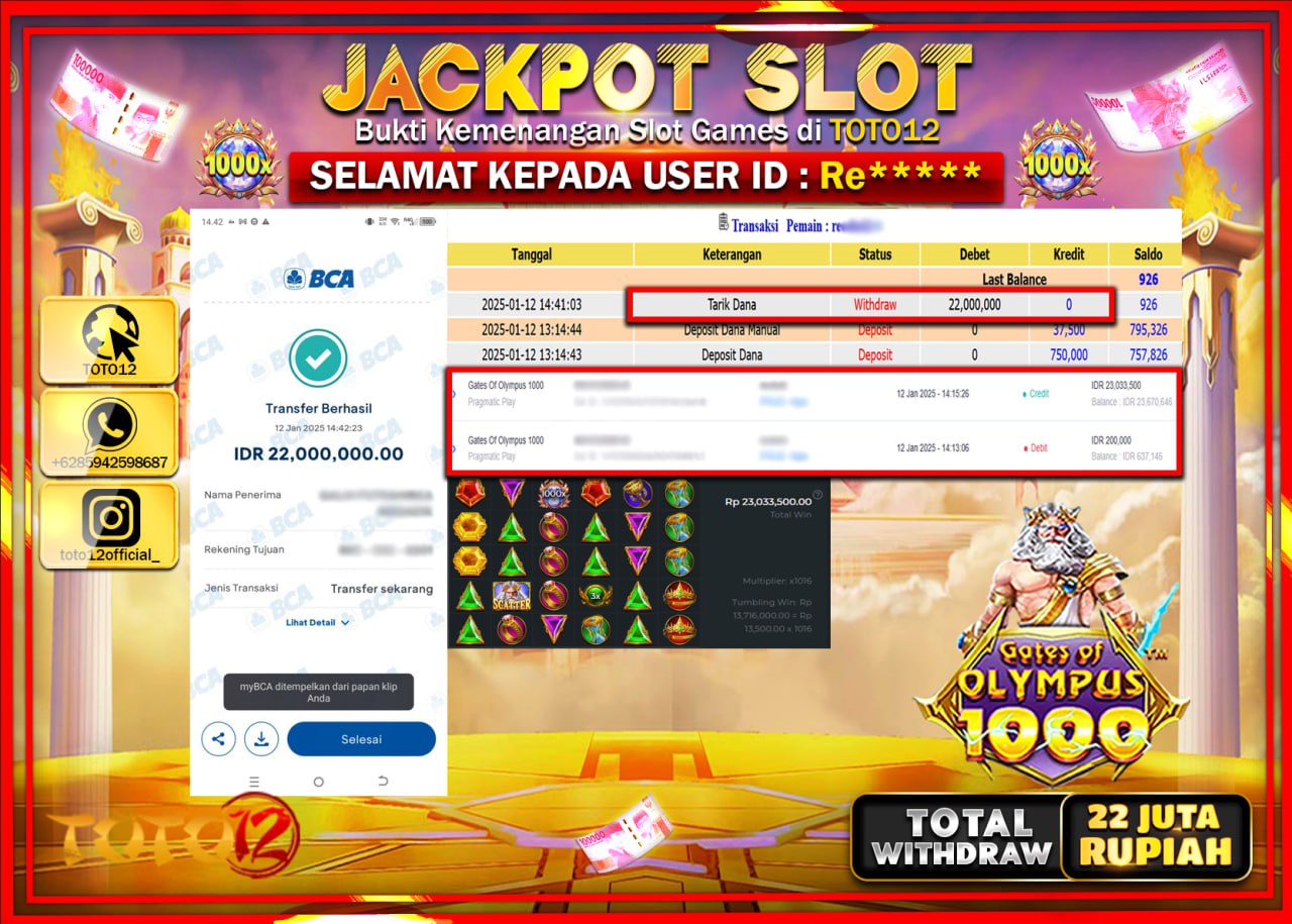 HANYA DI TOTO12 JP PASTI DI BAYAR LUNAS DAN CEPAT!!!!!! JACKPOT SLOT GAME (GATES OF OLYMPUS 1000) Rp.22.000.000 !!!!