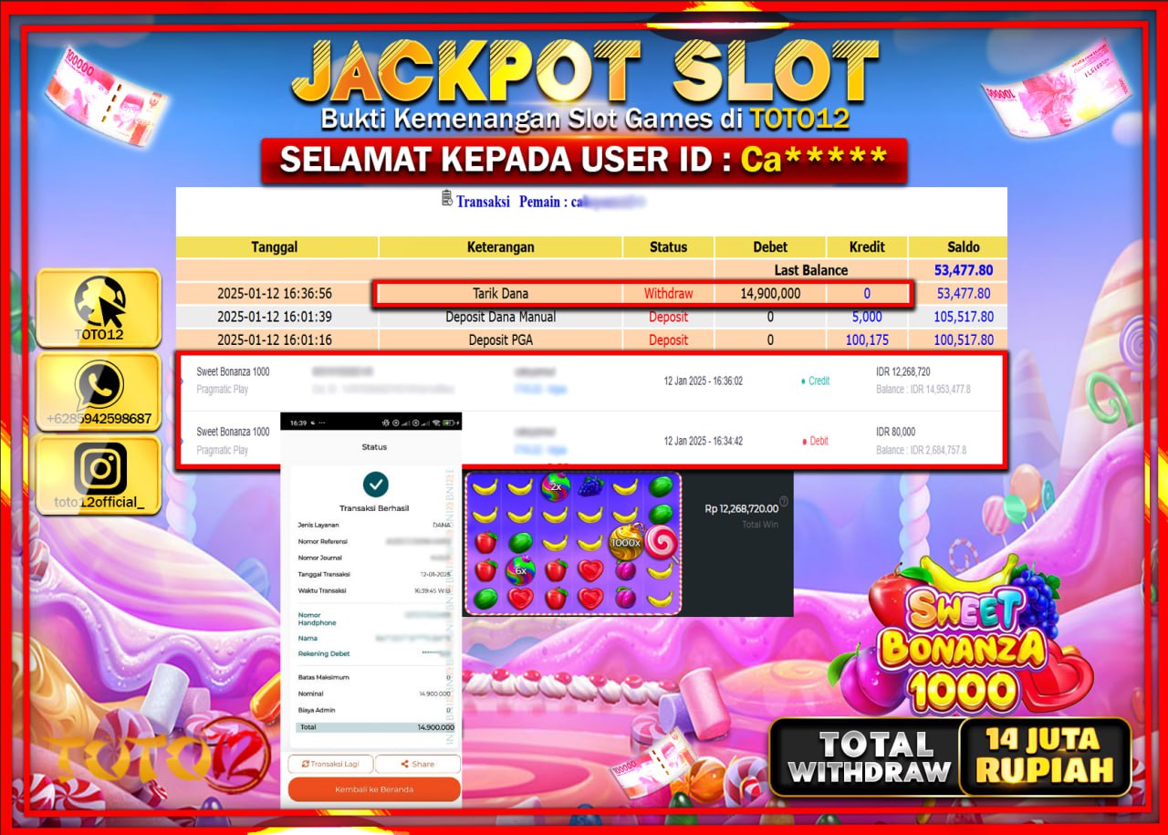 HANYA DI TOTO12 JP PASTI DI BAYAR LUNAS DAN CEPAT!!!!!! JACKPOT SLOT GAME (SWEET BONANZA 1000) Rp.14.000.000 !!!!