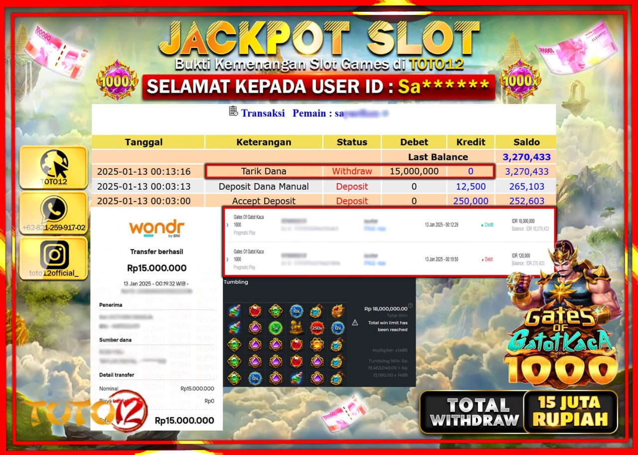 HANYA DI TOTO12 JP PASTI DI BAYAR LUNAS DAN CEPAT!!!!!! JACKPOT SLOT GAME (GATES OF GATOT KACA 1000) Rp.15.000.000 !!!!