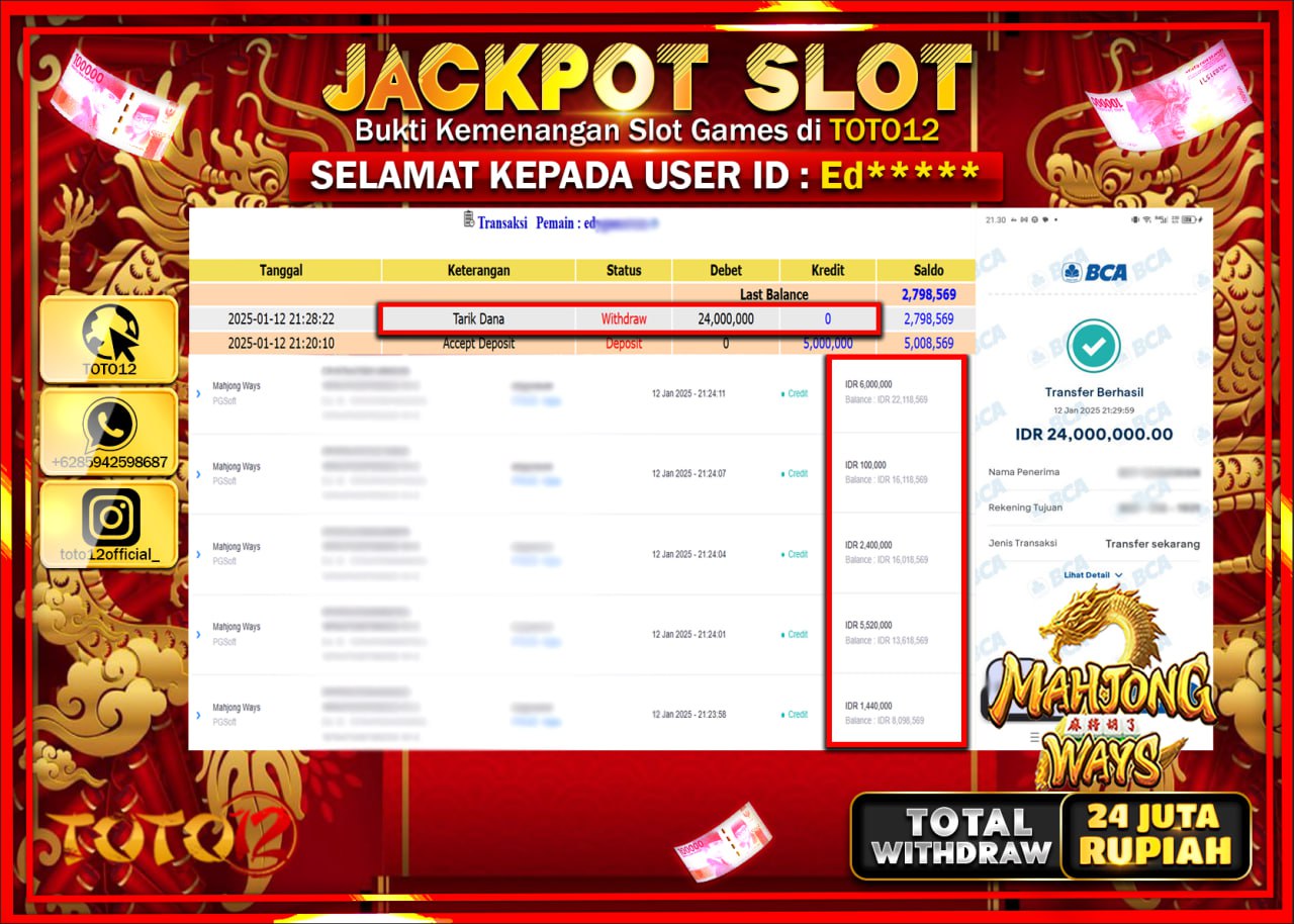 HANYA DI TOTO12 JP PASTI DI BAYAR LUNAS DAN CEPAT!!!!!! JACKPOT SLOT GAME (MAHJONG WAYS) Rp.24.000.000 !!!!