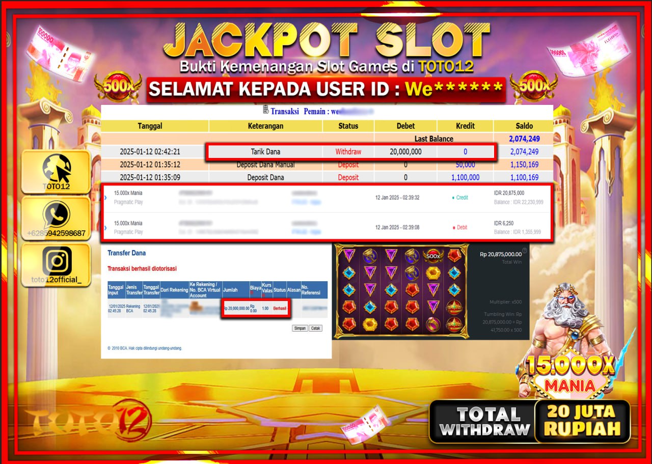 HANYA DI TOTO12 JP PASTI DI BAYAR LUNAS DAN CEPAT!!!!!! JACKPOT SLOT GAME (15.000X MANIA) Rp.20.000.000 !!!!