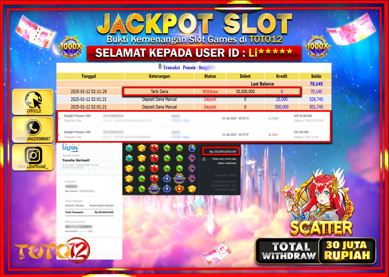 HANYA DI TOTO12 JP PASTI DI BAYAR LUNAS DAN CEPAT!!!!!! JACKPOT SLOT GAME (STARLIGHT PRINCESS 1000) Rp.30.000.000 !!!!