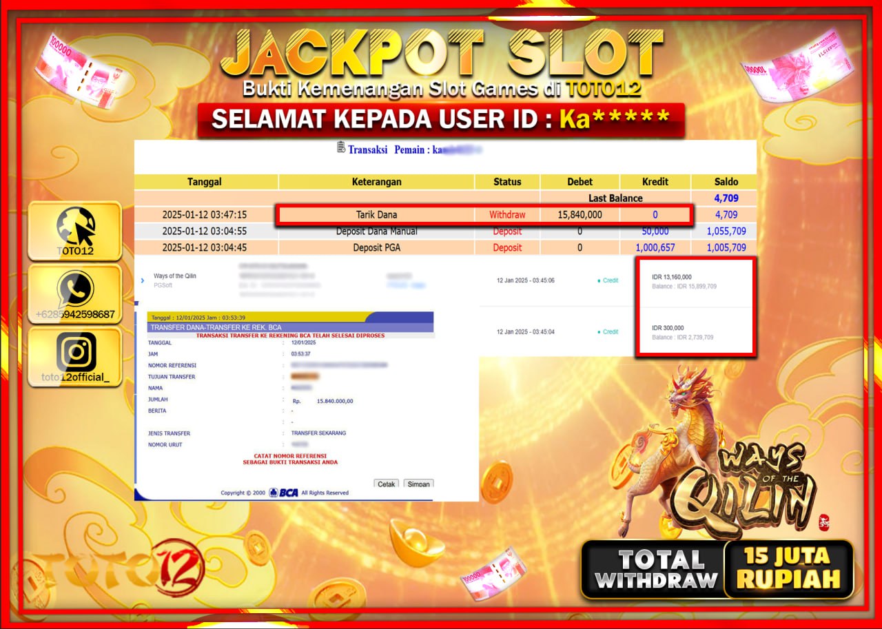 HANYA DI TOTO12 JP PASTI DI BAYAR LUNAS DAN CEPAT!!!!!! JACKPOT SLOT GAME (WAYS OF THE QILIN) Rp.15.000.000 !!!!