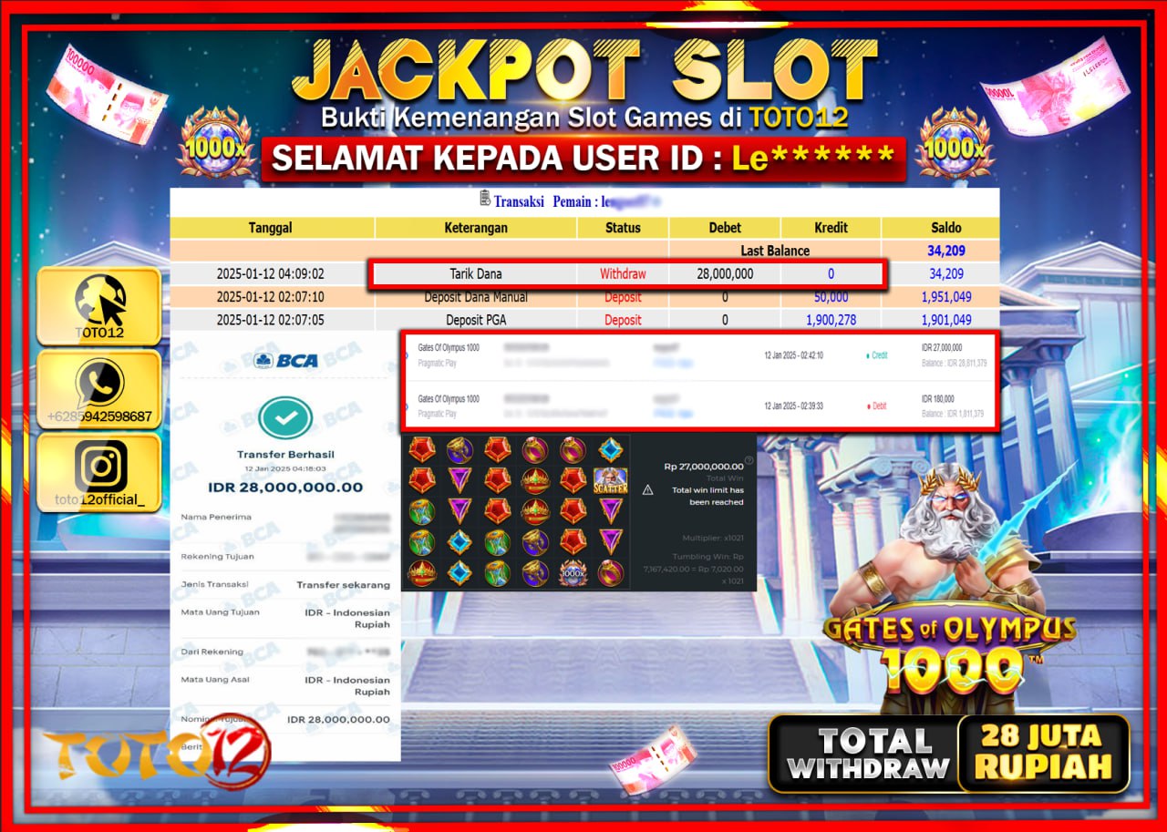 HANYA DI TOTO12 JP PASTI DI BAYAR LUNAS DAN CEPAT!!!!!! JACKPOT SLOT GAME (GATES OF OLYMPUS 1000) Rp.28.000.000 !!!!