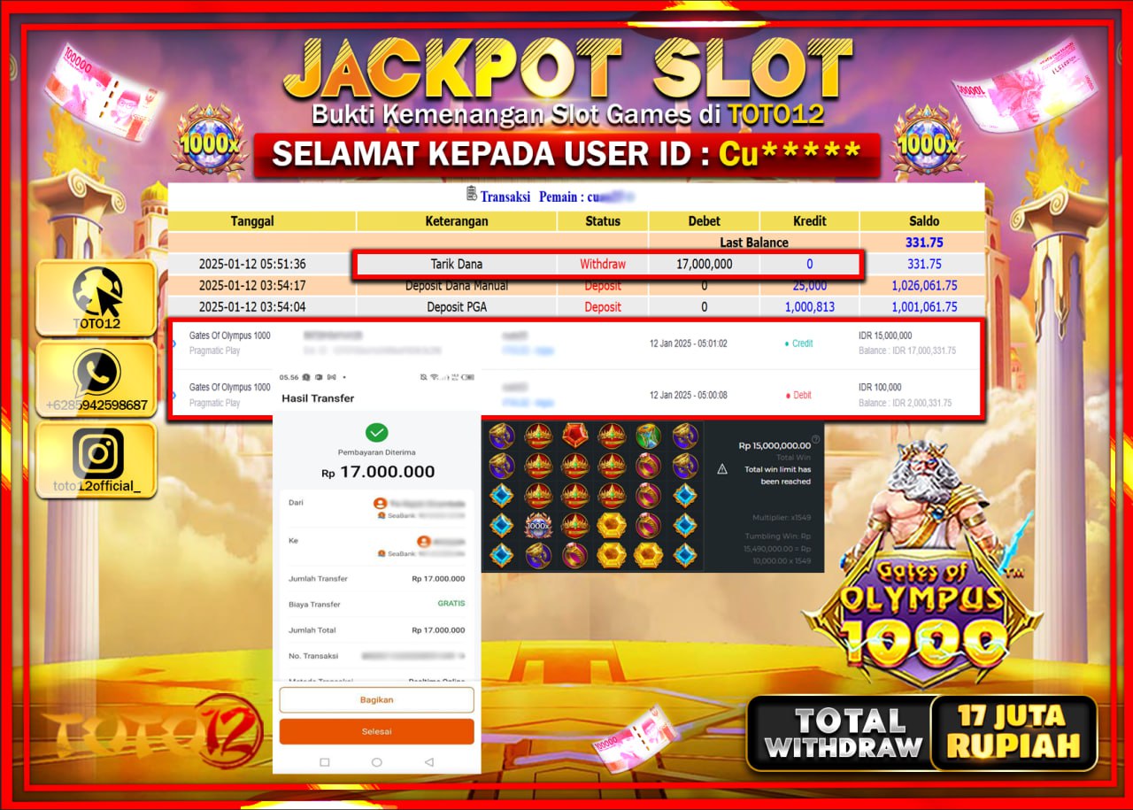 HANYA DI TOTO12 JP PASTI DI BAYAR LUNAS DAN CEPAT!!!!!! JACKPOT SLOT GAME (GATES OF OLYMPUS 1000) Rp.17.000.000 !!!!