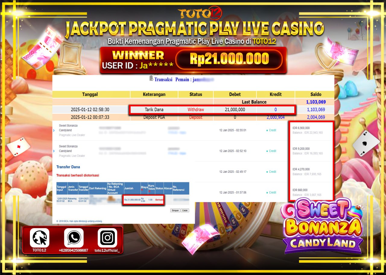 HANYA DI TOTO12 JP PASTI DI BAYAR LUNAS DAN CEPAT!!!!!! JACKPOT PRAGMATIC PLAY LIVE CASINO (SWEET BONANZA CANDY LAND) Rp.21.000.000 !!!!