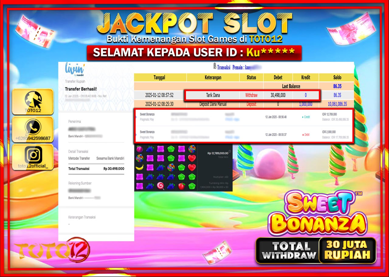 HANYA DI TOTO12 JP PASTI DI BAYAR LUNAS DAN CEPAT!!!!!! JACKPOT SLOT GAME (SWEET BONANZA) Rp.30.000.000 !!!!