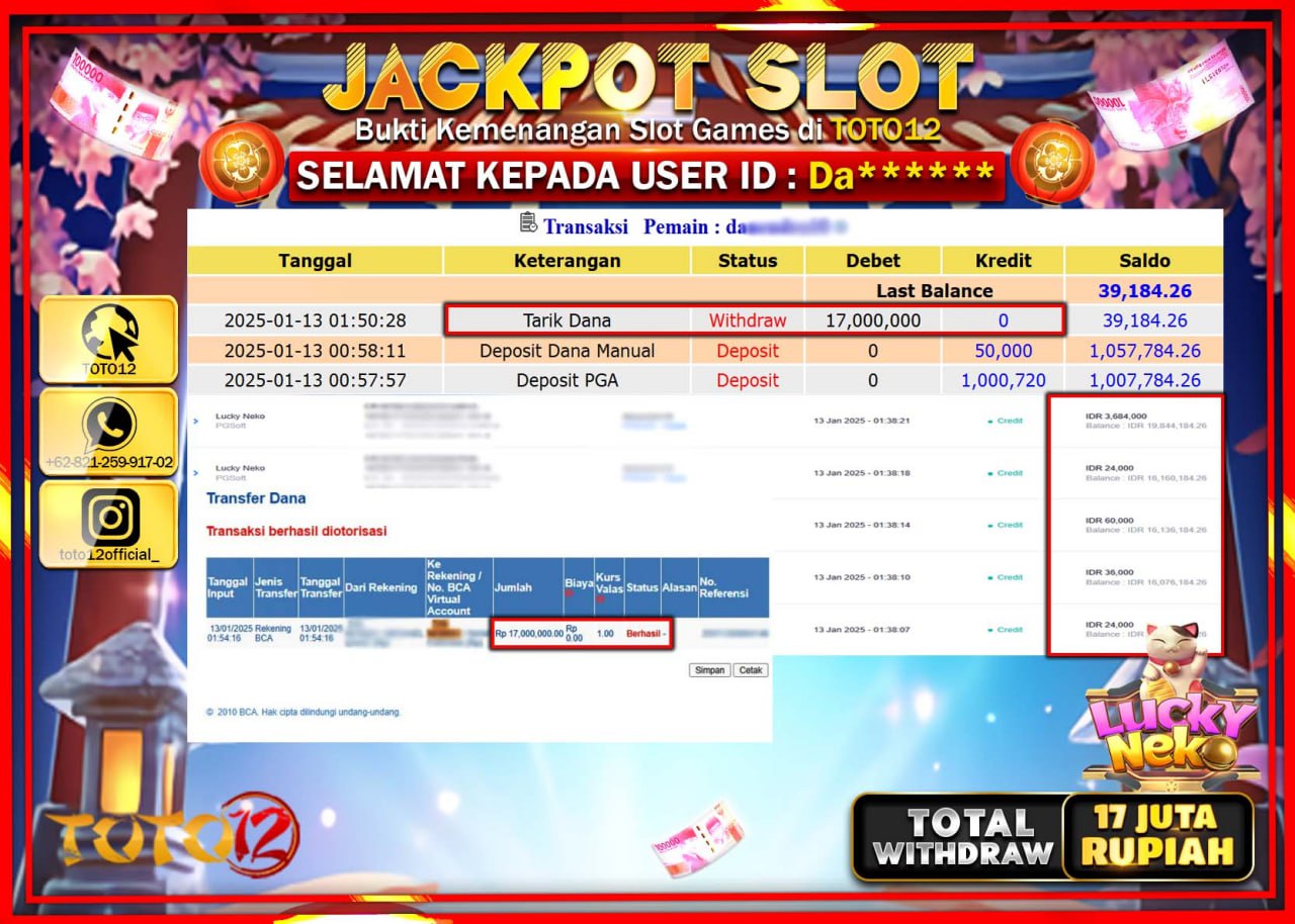 HANYA DI TOTO12 JP PASTI DI BAYAR LUNAS DAN CEPAT!!!!!! JACKPOT SLOT GAME (LUCKY NEKO) Rp.17.000.000 !!!!