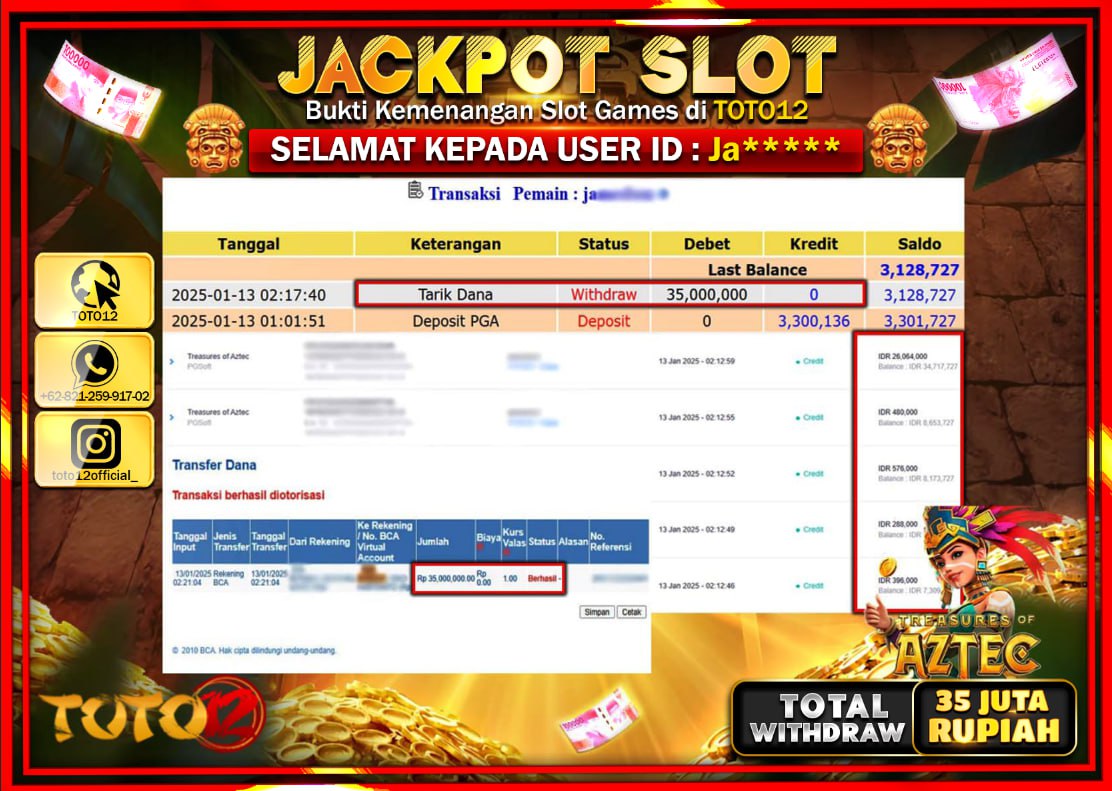 HANYA DI TOTO12 JP PASTI DI BAYAR LUNAS DAN CEPAT!!!!!! JACKPOT SLOT GAME (TREASURES OF AZTEC) Rp.35.000.000 !!!!