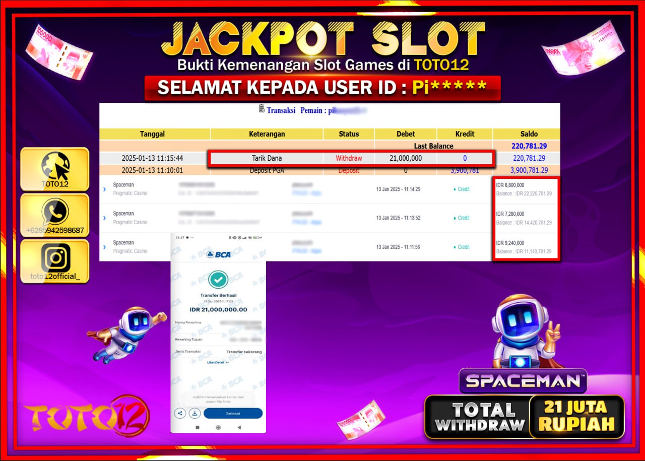 HANYA DI TOTO12 JP PASTI DI BAYAR LUNAS DAN CEPAT!!!!!! JACKPOT SLOT GAME (SPACEMAN) Rp.21.000.000 !!!!