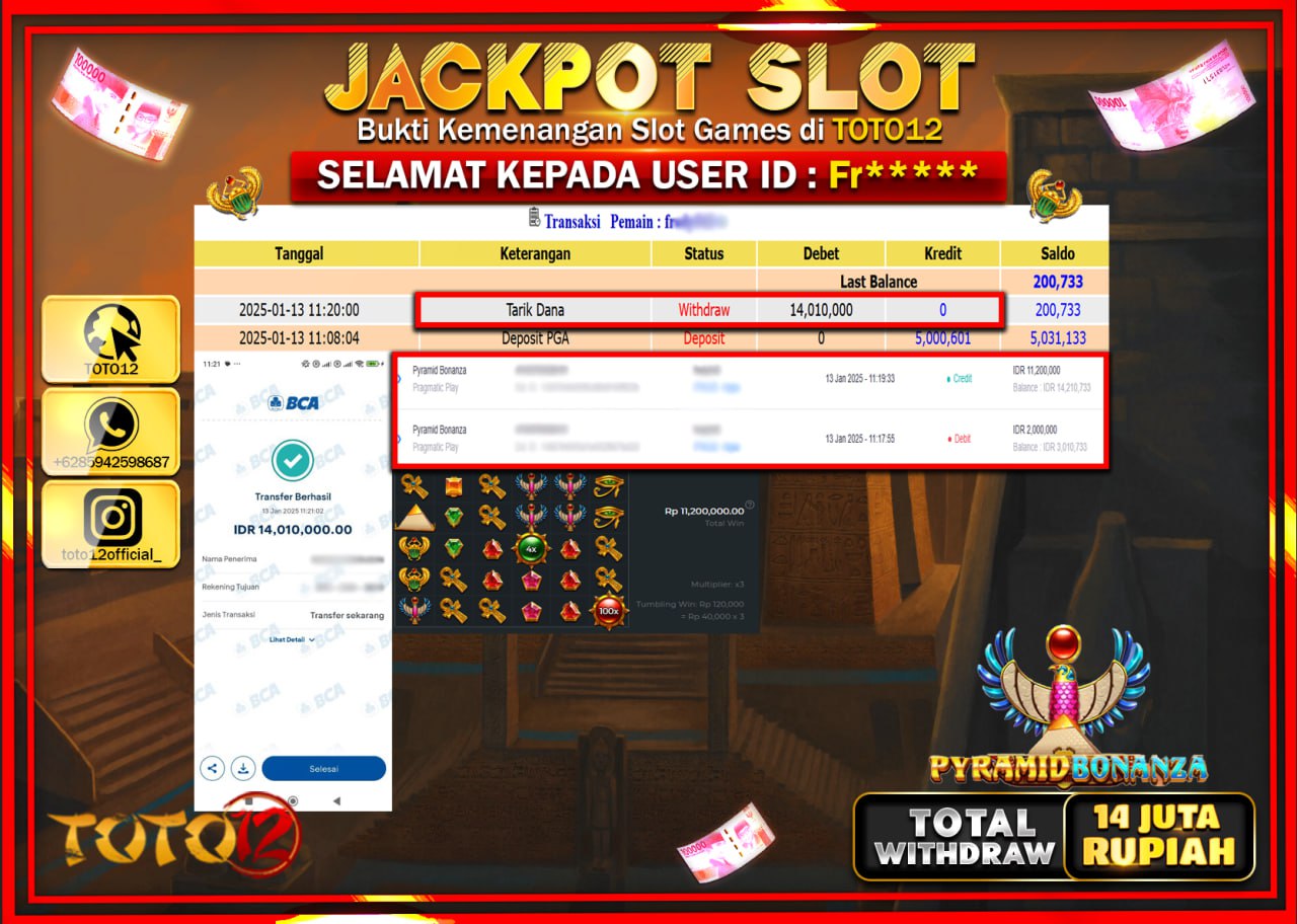 HANYA DI TOTO12 JP PASTI DI BAYAR LUNAS DAN CEPAT!!!!!! JACKPOT SLOT GAME (PYRAMID BONANZA) Rp.14.000.000 !!!!