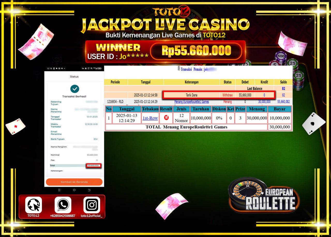 HANYA DI TOTO12 JP PASTI DI BAYAR LUNAS DAN CEPAT!!!!!! JACKPOT LIVE GAMES CASINO (EUROPEAN ROULETTE) Rp.55.660.000 !!!!