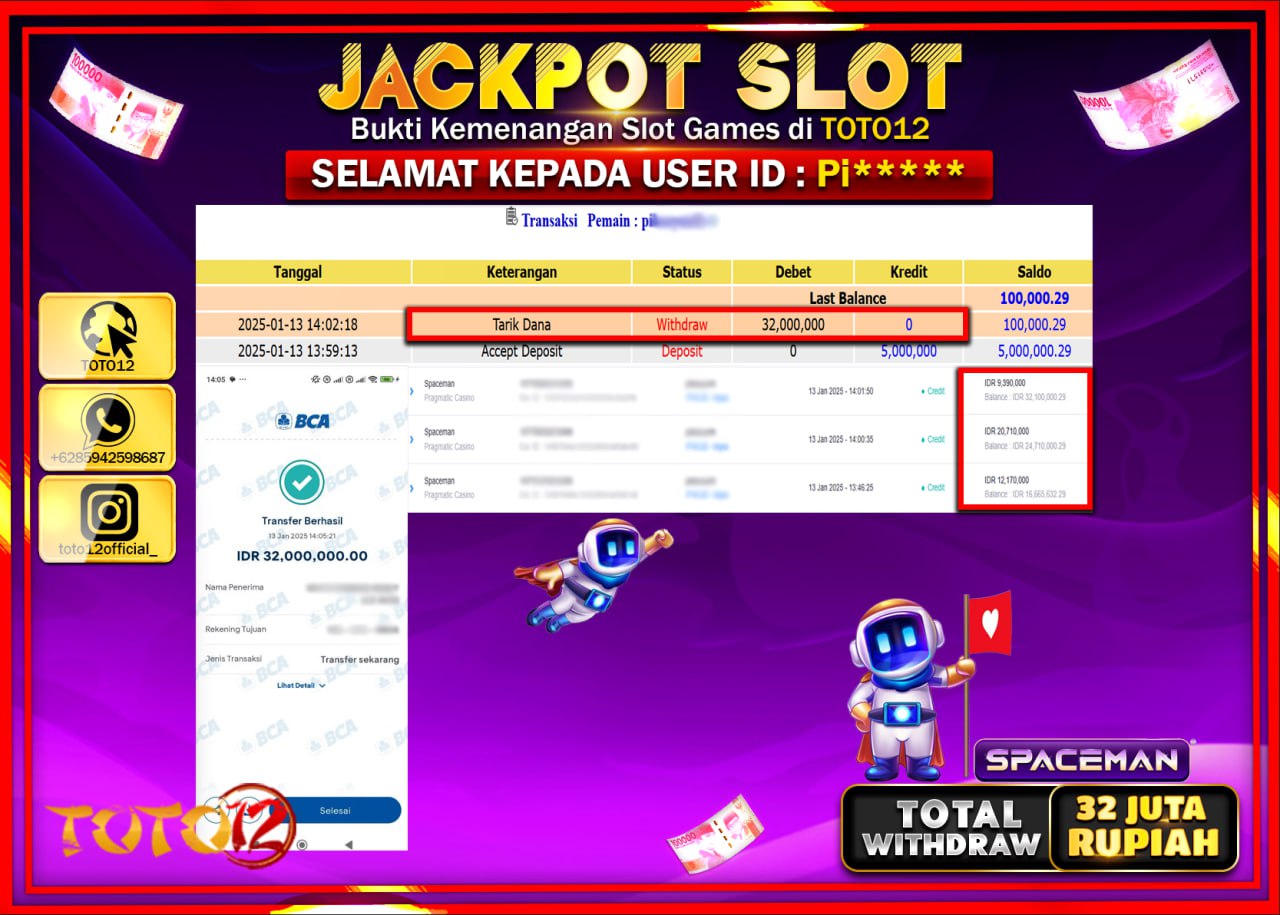 HANYA DI TOTO12 JP PASTI DI BAYAR LUNAS DAN CEPAT!!!!!! JACKPOT SLOT GAME (SPACEMAN) Rp.32.000.000 !!!!