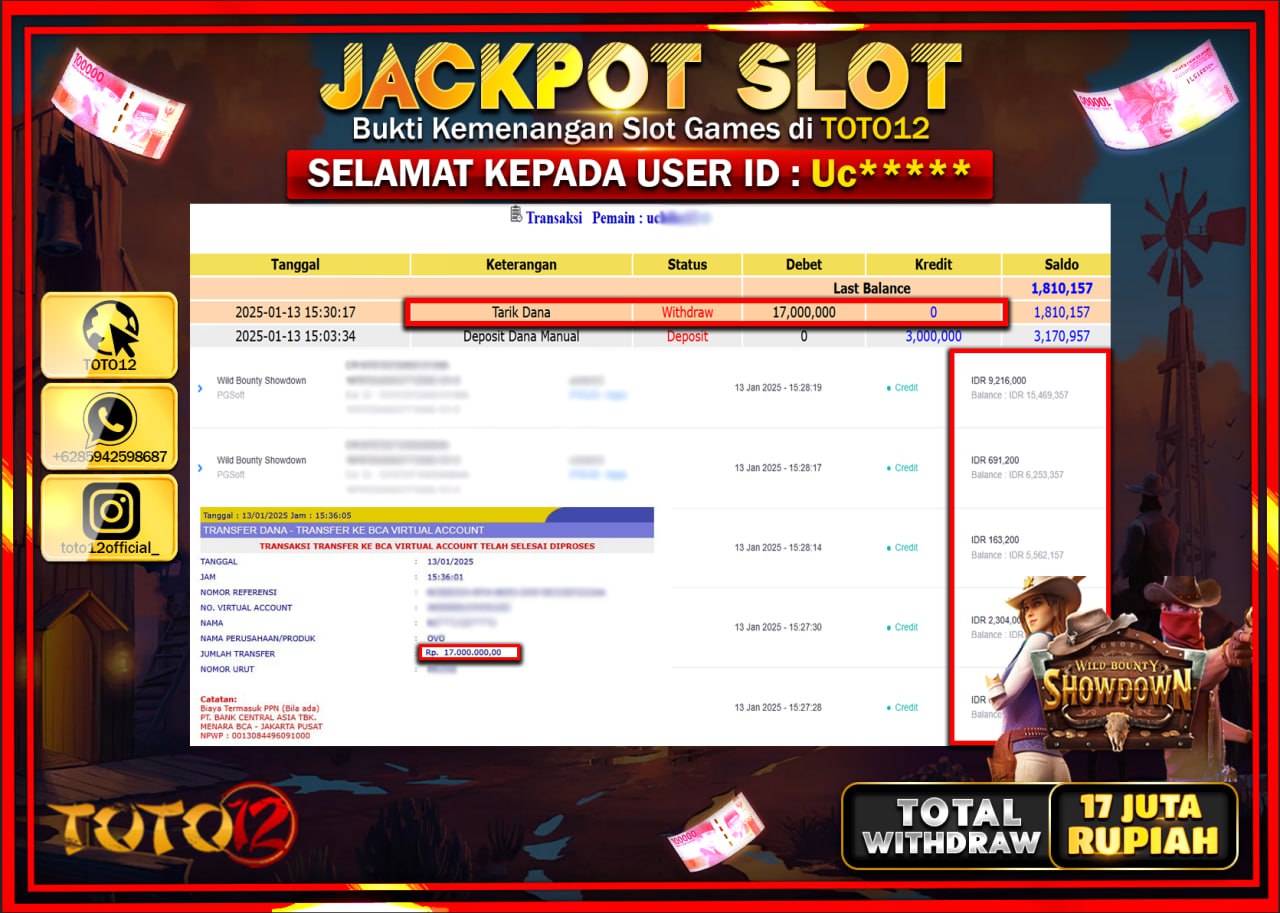 HANYA DI TOTO12 JP PASTI DI BAYAR LUNAS DAN CEPAT!!!!!! JACKPOT SLOT GAME (WILD BOUNTY SHOWDOWN) Rp.17.000.000 !!!!