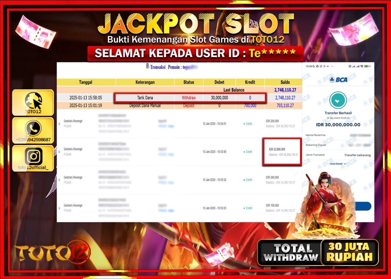 HANYA DI TOTO12 JP PASTI DI BAYAR LUNAS DAN CEPAT!!!!!! JACKPOT SLOT GAME (GEISHAS REVENGE) Rp.30.000.000 !!!!