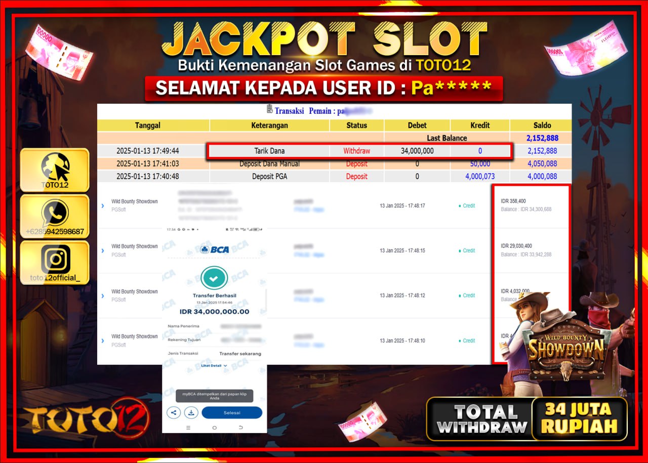 HANYA DI TOTO12 JP PASTI DI BAYAR LUNAS DAN CEPAT!!!!!! JACKPOT SLOT GAME (WILD BOUNTY SHOWDOWN) Rp.34.000.000 !!!!