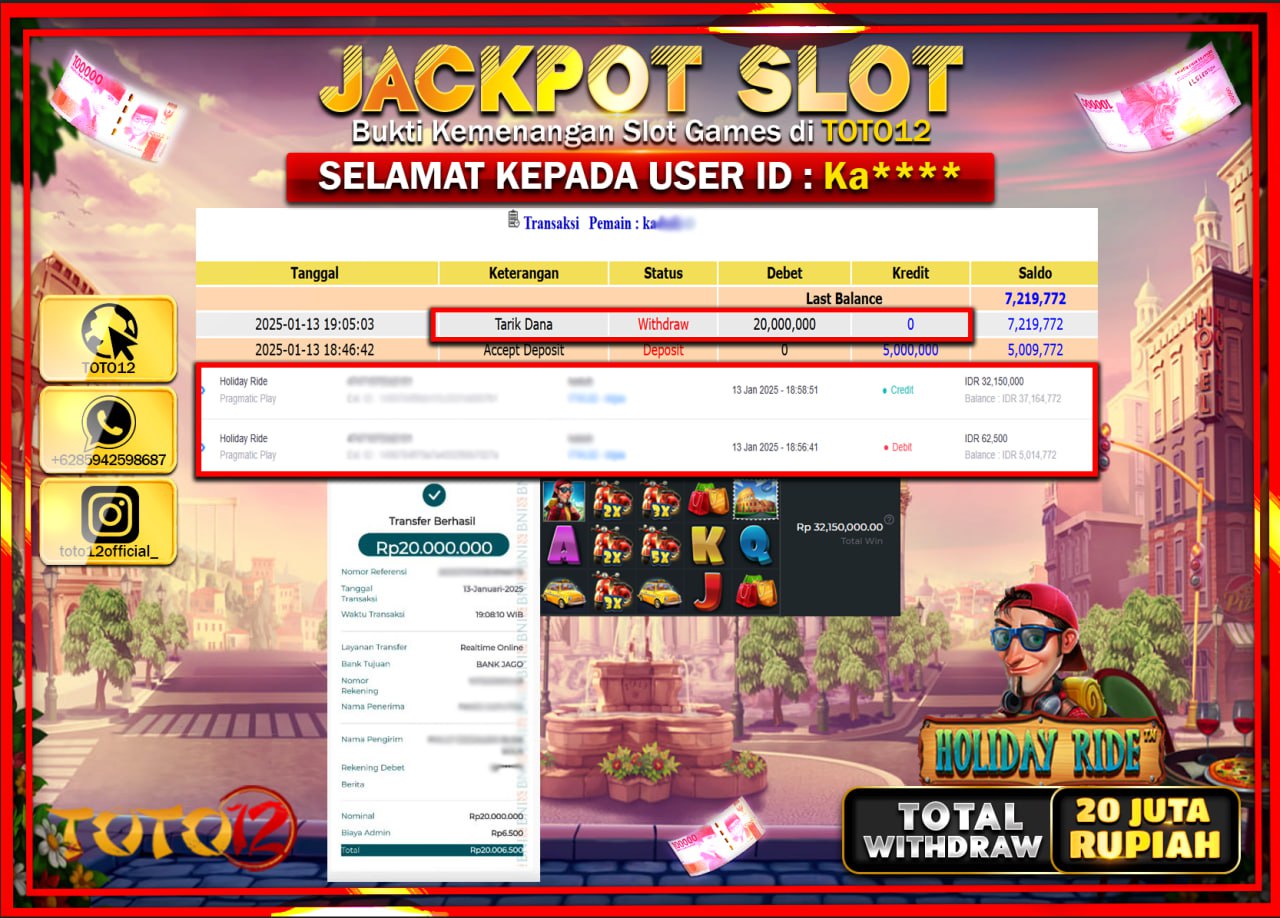 HANYA DI TOTO12 JP PASTI DI BAYAR LUNAS DAN CEPAT!!!!!! JACKPOT SLOT GAME (HOLIDAY RIDE) Rp.20.000.000 !!!!
