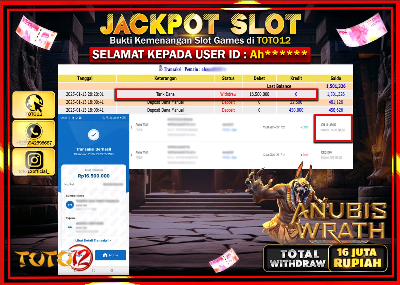 HANYA DI TOTO12 JP PASTI DI BAYAR LUNAS DAN CEPAT!!!!!! JACKPOT SLOT GAME (ANUBIS WRATH) Rp.16.000.000 !!!!
