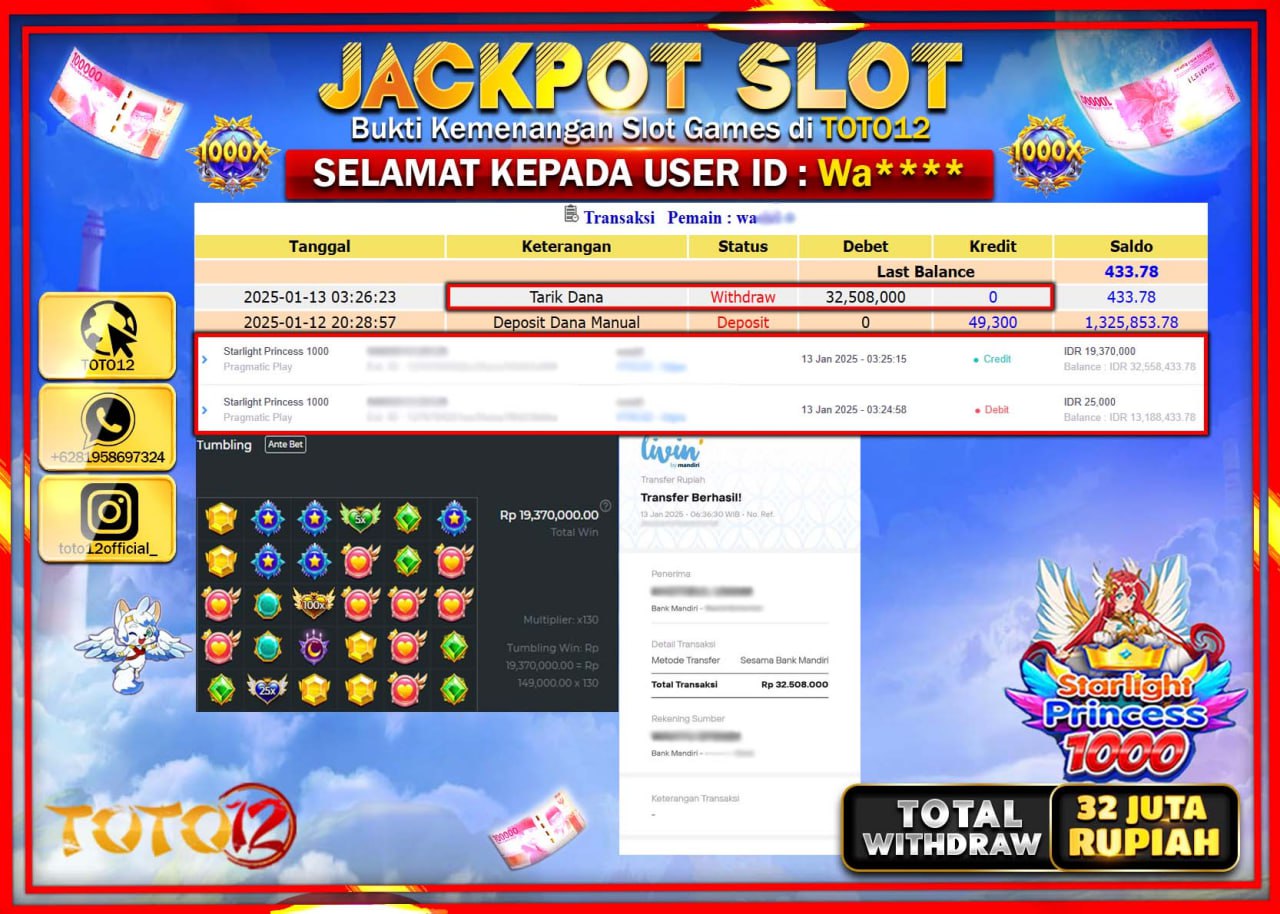 HANYA DI TOTO12 JP PASTI DI BAYAR LUNAS DAN CEPAT!!!!!! JACKPOT SLOT GAME (STARLIGHT PRINCESS 1000) Rp.32.000.000 !!!!