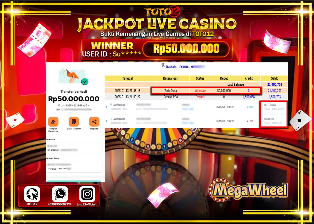 HANYA DI TOTO12 JP PASTI DI BAYAR LUNAS DAN CEPAT!!!!!! JACKPOT LIVE GAMES CASINO (MEGA WHEEL) Rp.50.000.000 !!!!