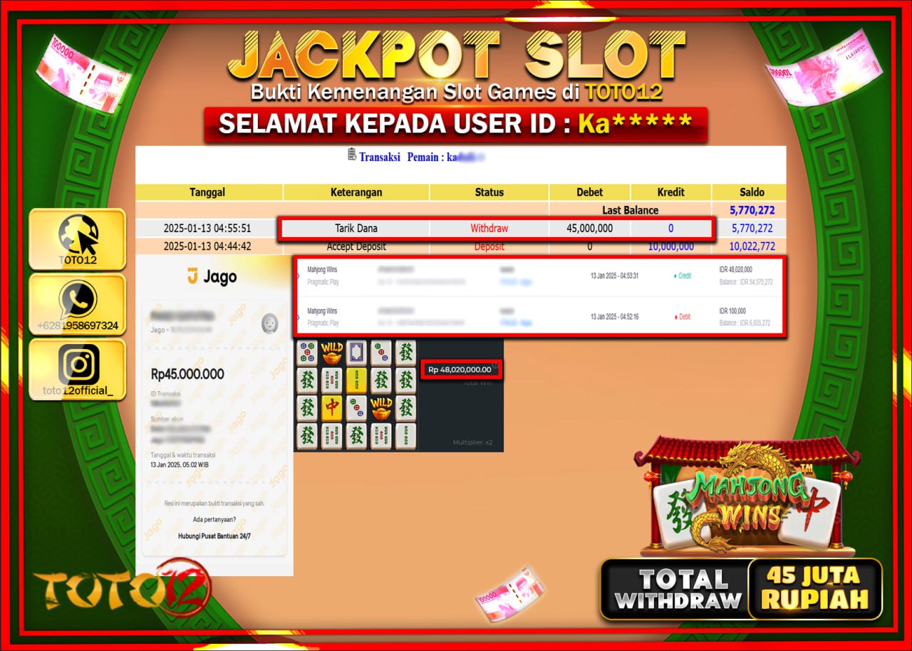 HANYA DI TOTO12 JP PASTI DI BAYAR LUNAS DAN CEPAT!!!!!! JACKPOT SLOT GAME (MAHJONG WINS) Rp.45.000.000 !!!!
