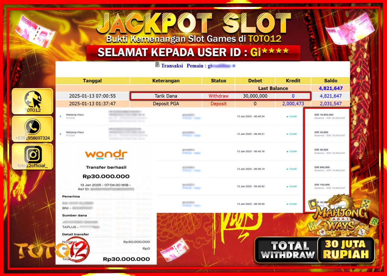 HANYA DI TOTO12 JP PASTI DI BAYAR LUNAS DAN CEPAT!!!!!! JACKPOT SLOT GAME (MAHJONG WAYS) Rp.30.000.000 !!!!