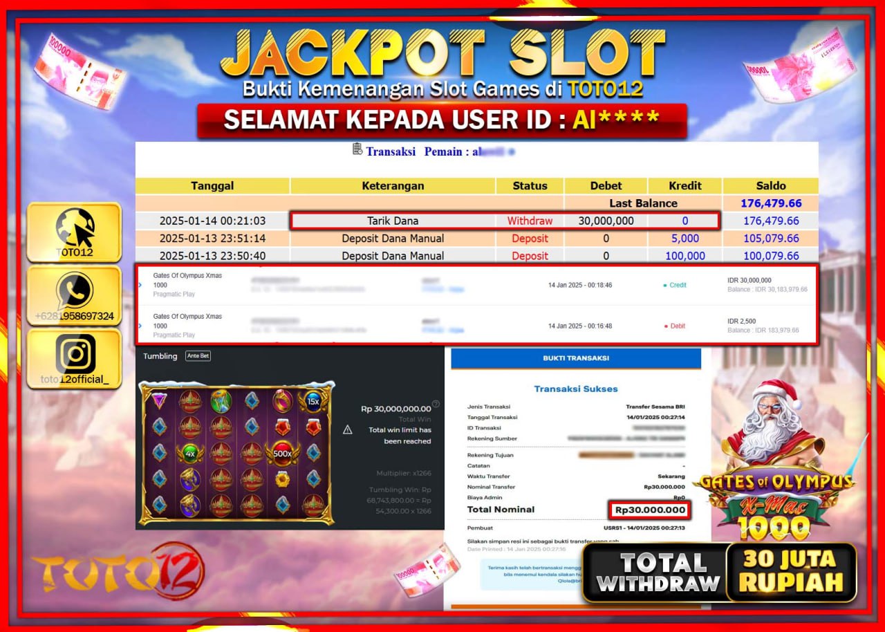 HANYA DI TOTO12 JP PASTI DI BAYAR LUNAS DAN CEPAT!!!!!! JACKPOT SLOT GAME (GATES OF OLYMPUS XMAS 1000) Rp.30.000.000 !!!!